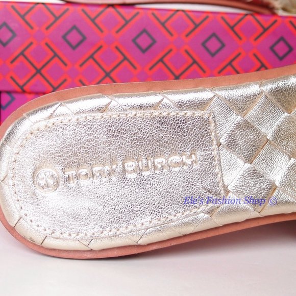 Tory Burch | Shoes | Nib Tory Burch Ines Woven Leather Slide Sandal Spark Gold Us 9 Authentic 